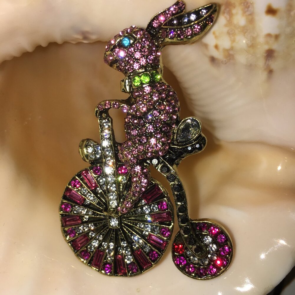 Bunny On A Bicycle Brooch - Pin Gorgeous Rhinestone 21
